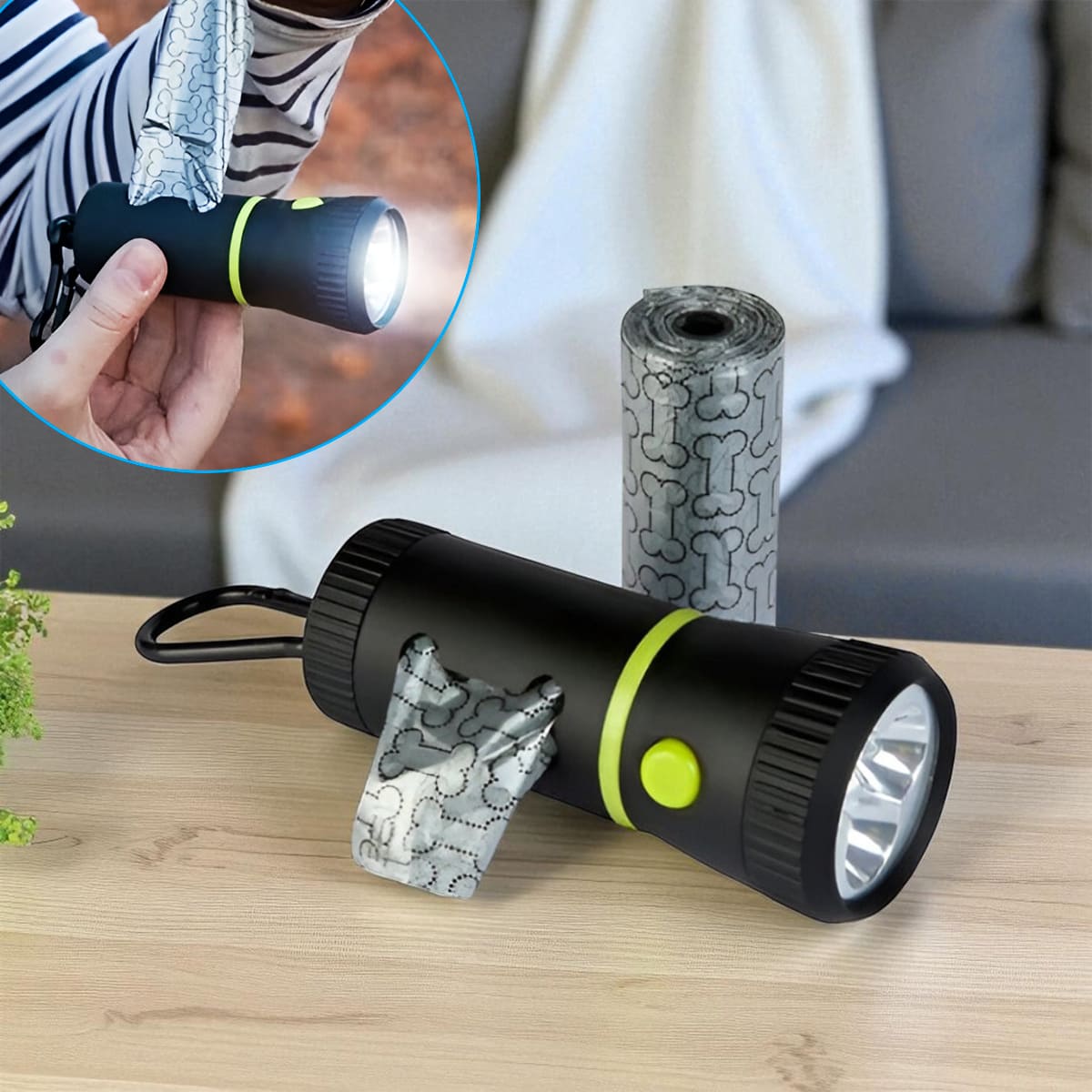 DISPENSADOR DE BOLSAS DE BASURA CON LINTERNA LED.